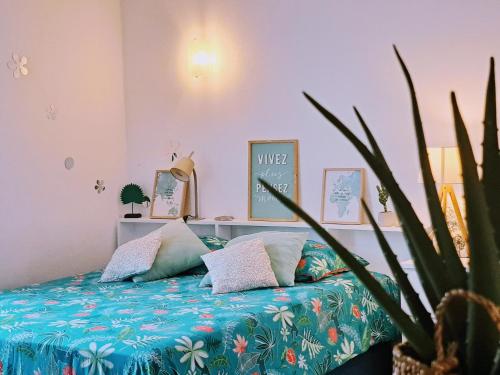 a room with a bed with a potted plant at Studio COEUR DE VILLAGE - ORIENT BAY in Orient Bay