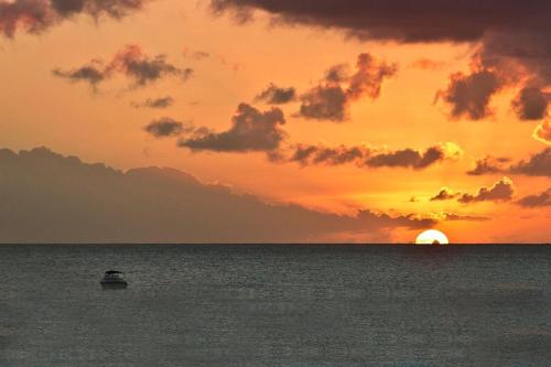 een boot in de oceaan met een zonsondergang bij Bora Bora by Blue Sky Luxury in Saint James