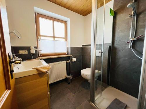 Un baño con ducha, lavabo e inodoro. en Haus am Dürrach, en Reit im Winkl