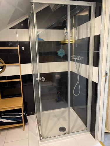 a shower with a glass door in a bathroom at Appartement T LUXE in Pierrefitte-sur-Seine