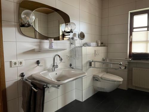 a bathroom with a sink and a toilet and a mirror at Ferienhaus Eifelblick in Feusdorf