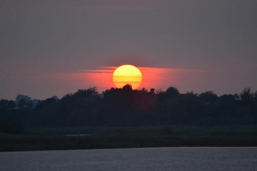 a sunset over a river with the sun in the sky at Hausboot LAGOON in Stralsund