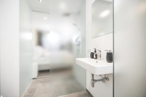 a bathroom with a sink and a mirror at MaxStudio Premium Apartment Zillertal mit Bergblick in Schlitters