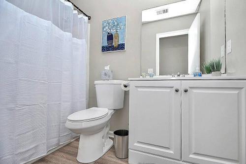 ein Badezimmer mit einem WC, einem Waschbecken und einem Spiegel in der Unterkunft Majestic Escape in Charlotte