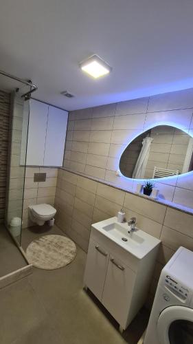 uma casa de banho com um lavatório, um WC e um espelho. em Anika Sweet Apartment at Vodno em Skopje