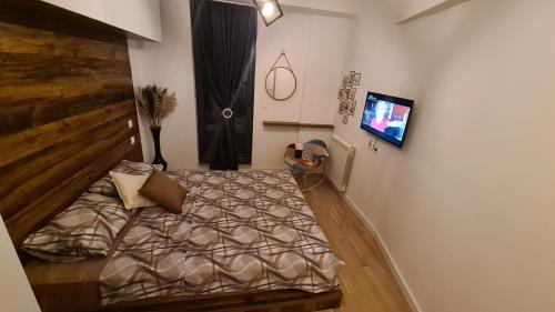 a bedroom with a bed and a tv on a wall at Anika Sweet Apartment at Vodno in Skopje