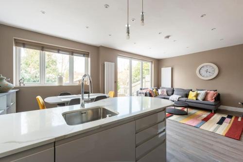 a kitchen with a sink and a living room at Luxury London Garden Flat in London