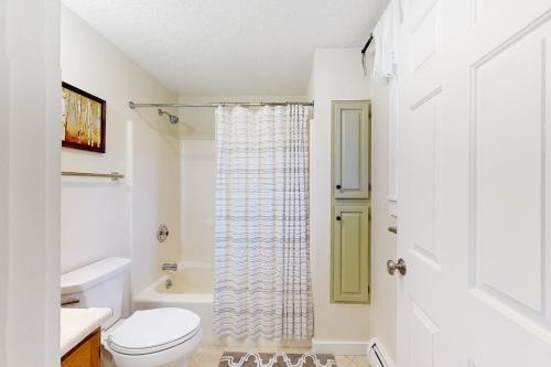 a white bathroom with a toilet and a shower at Dream Weaver in Ludlow
