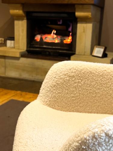 a couch in a living room with a fireplace at Holiday Home Aleksandar Brzece Kopaonik in Brzeće