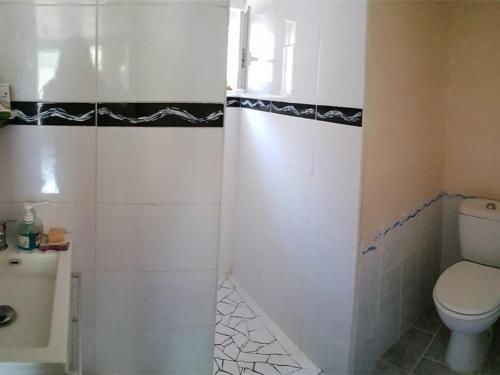 une salle de bain avec toilettes et douche dans l'établissement Appartement T2 à Argelès-sur-Mer, 3 couchages, à 150m de la mer, proche commerces, parking inclus - FR-1-388-78, à Argelès-sur-Mer
