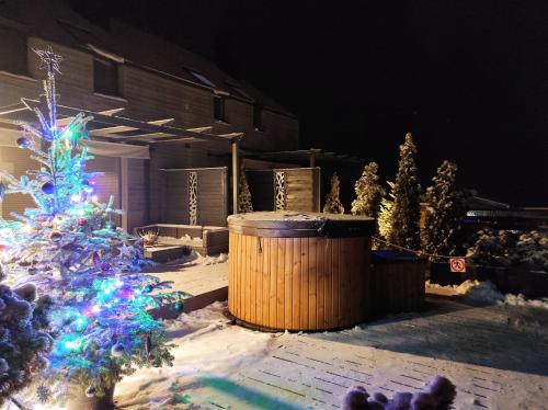 a christmas tree in front of a house with a trash can at Słoneczny Chełm - Apartamenty w górach, Prywatna sauna jacuzzi balia w cenie, Spa, Grill, Stok narciarski Myślenice, Ścieżki rowerowe, Rzeka Raba, Widok na Tatry in Myślenice