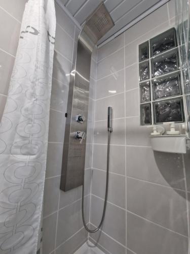 La salle de bains est pourvue d'une douche avec rideau de douche. dans l'établissement Moradia T2 em bairro pitoresco da Covilhã, à Covilhã