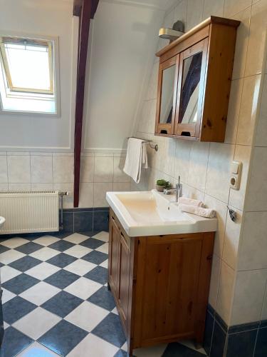 a bathroom with a sink and a tile floor at Villa Giethoorn Steenwyck in Steenwijk