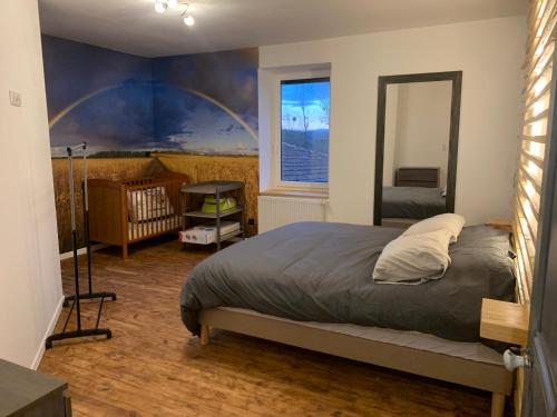 ein Schlafzimmer mit einem großen Bett und einem Spiegel in der Unterkunft Gîte chez GAREL 15 personnes avec spa 