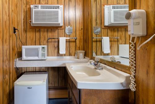 a bathroom with a sink and a microwave at Knob Hill Motor Lodge in Hillsville