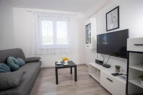 a living room with a couch and a flat screen tv at Apartman Mirna Vinkovci in Vinkovci