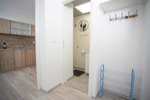 a kitchen with white walls and wooden floors and a hallway at Apartman Mirna Vinkovci in Vinkovci