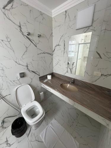 a bathroom with a toilet and a sink and a mirror at Brasao Palace Hotel in Presidente Prudente