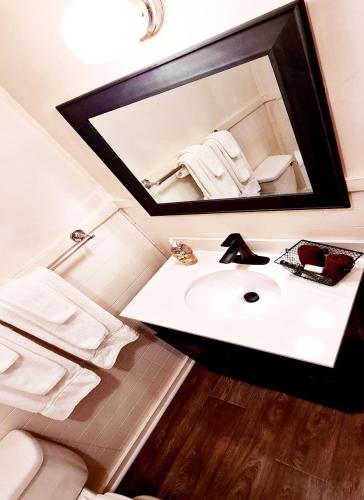 a bathroom with a sink and a mirror at The Wilderness Inn: Chalets in Wilmington