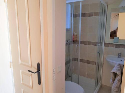 une salle de bain avec une douche, des toilettes et un lavabo dans l'établissement Maison Duplex 8 Pers avec Terrasse, 3 Ch, Parking Gratuit, Animaux Admis, Accès Piscine - FR-1-382-128, à Grospierres