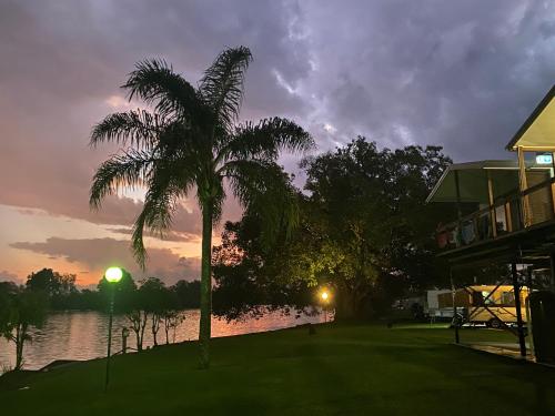 een palmboom voor een huis met een zonsondergang bij Bellinger River Tourist Park in Repton