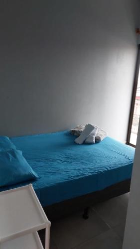 a bed with blue sheets and pillows in a room at Hotel Pacuare Turrialba in Turrialba