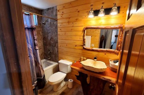 ein Badezimmer mit einem Waschbecken, einem WC und einem Spiegel in der Unterkunft Special Vacation House/ Pool & Basketball Court in El Cajon
