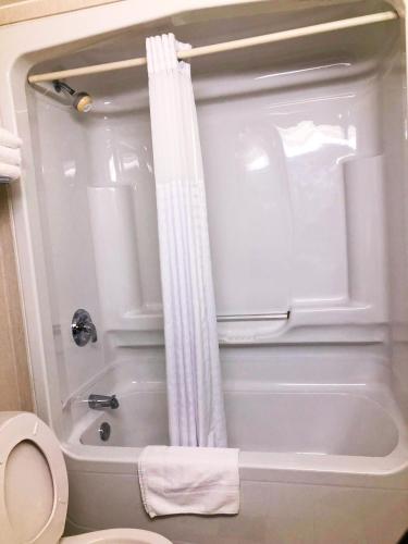 a bathroom with a white shower curtain and a toilet at Days Inn by Wyndham Niagara Falls Centre St By the Falls in Niagara Falls