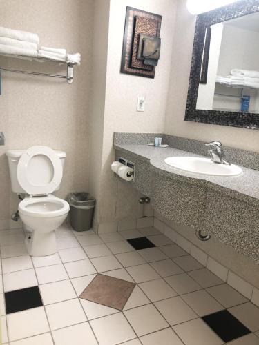 a bathroom with a toilet and a sink and a mirror at Days Inn by Wyndham Niagara Falls Centre St By the Falls in Niagara Falls