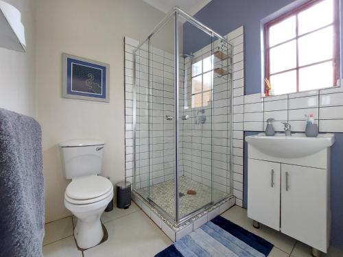een badkamer met een douche, een toilet en een wastafel bij Upmarket off grid cottage on organic farm in secure estate in Howick