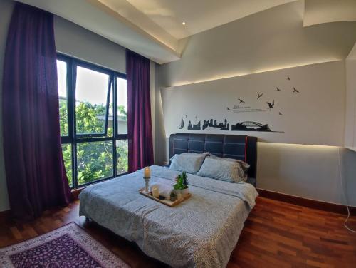 a bedroom with a bed and a large window at Mawar Villa By Malvacae Homestay Shah Alam in Shah Alam