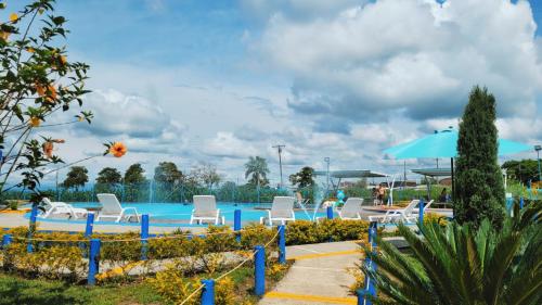 una piscina con sedie bianche e ombrellone di Apto con Piscina a 5min del Parque Nacional Del Café a Montenegro