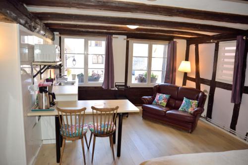 une cuisine et un salon avec une table et des chaises dans l'établissement CHEZ CECILE Bed and Breakfast chez le VIGNERON, à Colmar