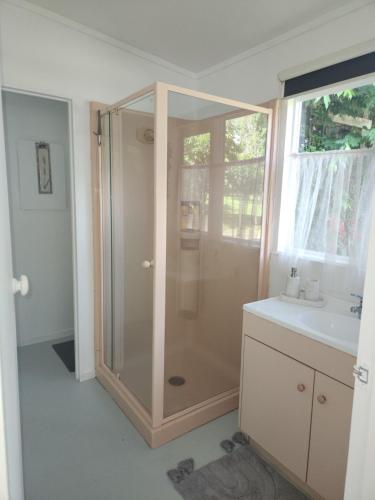 y baño con ducha y lavamanos. en La Petite Ferme Studio Kerikeri en Kerikeri