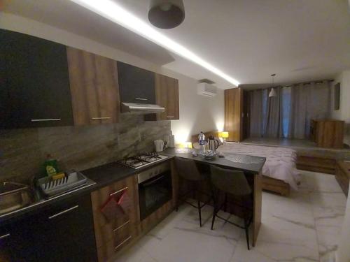 a kitchen with a sink and a bed in a room at Brand new 1 bedroom studio flat in Gudja