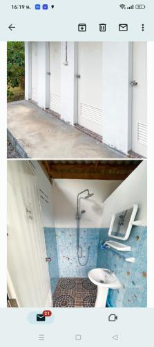two pictures of a bathroom with a sink and a shower at koh mook oyoy reggaebar bungalow in Ko Mook