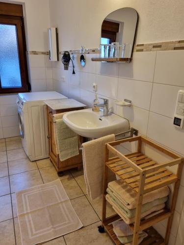 y baño con lavabo y lavadora. en Ferienwohnung Schindler, en Nittenau