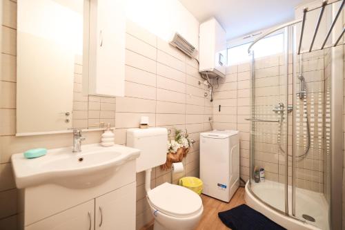 łazienka z umywalką, toaletą i prysznicem w obiekcie Casa della Nonna Old town Zadar w mieście Zadar