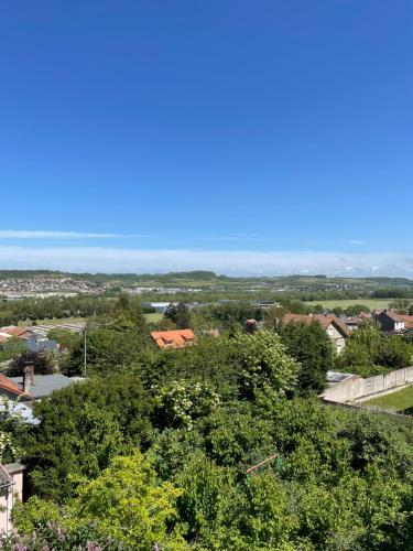 a view of a town with trees and the ocean at Gounod - maison proche de la mer Le Tréport in Le Tréport