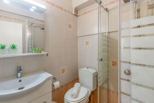 ein Bad mit einem WC, einem Waschbecken und einer Dusche in der Unterkunft Glyfada Center Sea View Apt in Athen