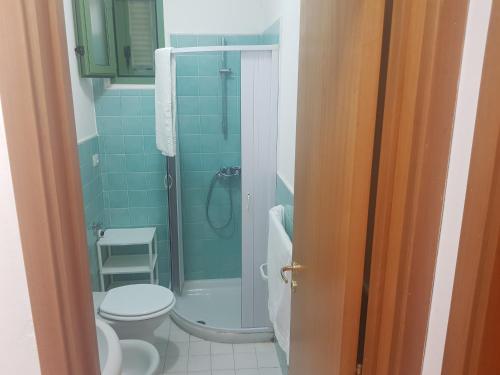a bathroom with a shower with a toilet and a sink at Appartamenti Oleandri Baia Verde in Gallipoli