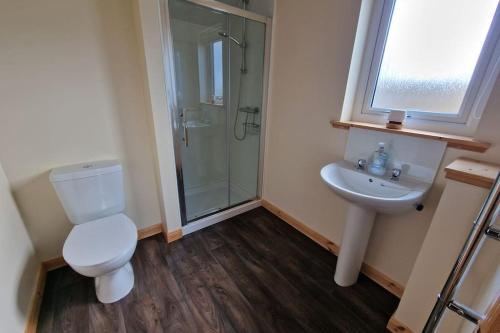 a bathroom with a toilet and a sink and a shower at 18 Gold Drive, Kirkwall, Orkney - OR00185F in Orkney