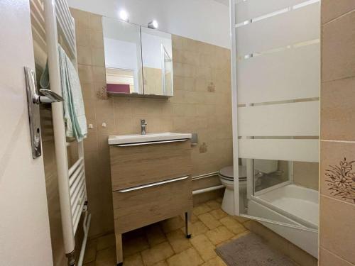 une petite salle de bain avec un lavabo et des toilettes dans l'établissement Studio 4 pers. proche pistes, parking, WiFi, animaux acceptés - FR-1-525-198, à Saint-Étienne-en-Dévoluy