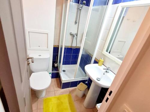 une salle de bain avec toilettes, douche et lavabo dans l'établissement Appartement T2 + Coin Nuit - Wi-Fi - Piscine Gratuite - Parking Privatif - À 200m Plages et Commerces - FR-1-316-282, à Six-Fours-les-Plages