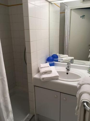 une salle de bain blanche avec un lavabo et une douche dans l'établissement Terrasse sur la Mer, à la naturelle, à Wimereux