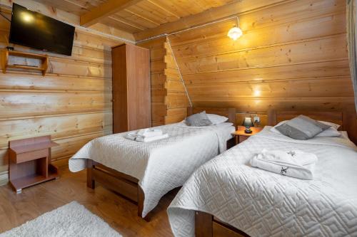 two beds in a room with wooden walls at Villa Kucówka in Brzegi