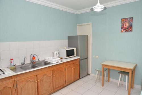 a kitchen with a sink and a microwave at Ani Hostel Gyumri in Gyumri