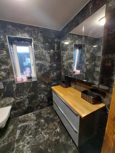 a bathroom with a sink and a mirror at Agroturystyka Ranczo Gościszów in Nowogrodziec