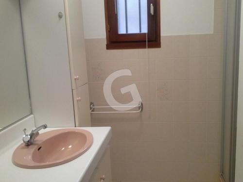 La salle de bains est pourvue d'un lavabo rose et d'une douche. dans l'établissement Maison 4 pers. en Forêt, Proche Plages et Activités, Saint-Vincent-sur-Jard - FR-1-357-256, à Saint-Vincent-sur-Jard