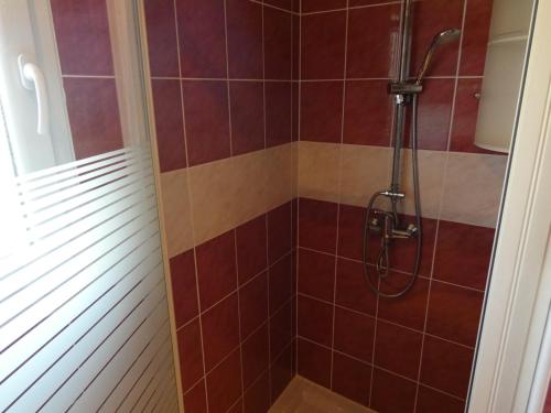a shower in a bathroom with red tiles at Maison Saujon, 3 pièces, 4 personnes - FR-1-71-76 in Saujon